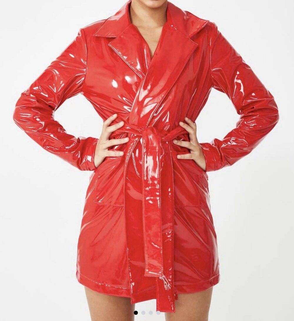 NWT Dolls Kill Flame Viral Vengeance red vinyl Belted trench coat XS Y2K